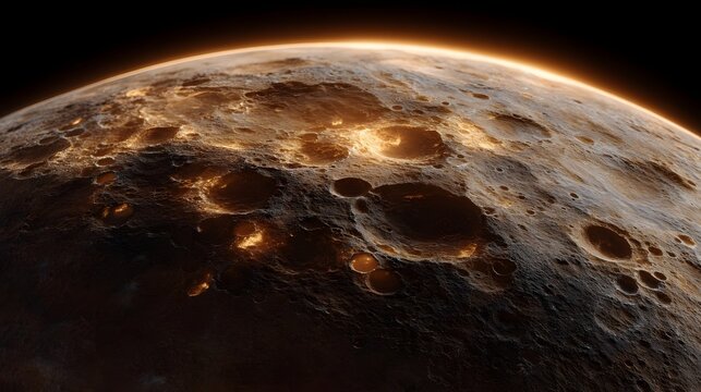 Close up of a glowing cratered celestial body in dark space - Powered by Adobe