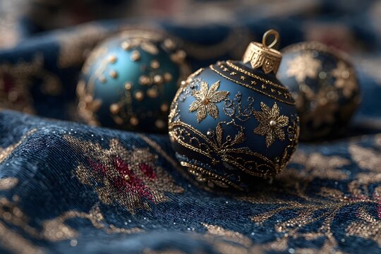 Ornate Decorative Christmas Ornaments Shimmering Elegance: Vintage Style Embellishments on Rich Blue Fabric with Golden Intricate Designs for a Festive Holiday Spirit