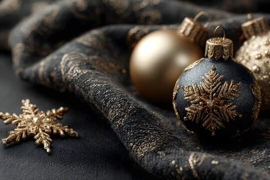 Luxurious Christmas Ornaments: Black Gold Creation for Festive Elegance and Holiday Magic with Sparkling Snowflakes