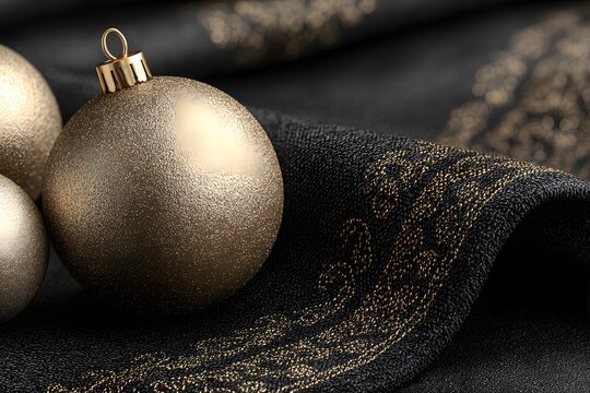 Festive Elegance: Golden Ornaments on Black Textile with Glimmering Spheres for Sophisticated Holiday Decor