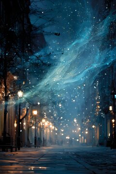 Captivating Cityscape: Mystical Night Street in Snow with Starry Sky and Ethereal Lights in a Winter Wonderland