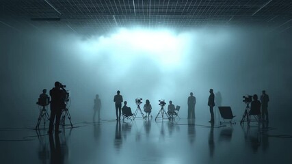Creative studio space filled with fog and silhouettes during an artistic photo shoot at night