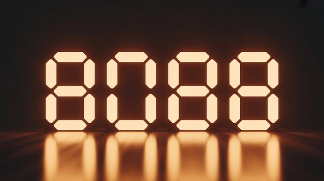 Glowing orange digital numbers 0088 reflected on a dark surface digital display glowing numbers