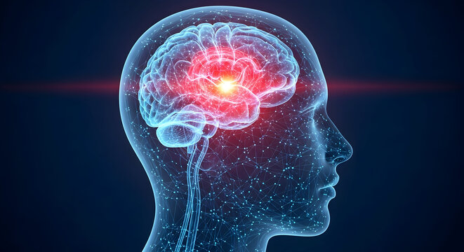 Human brain with pain point, neurological diseases, tumor, stroke, headache, and migraine