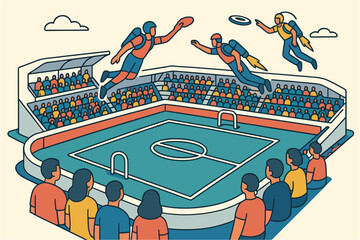 Futuristic rocket suit game in modern stadium with enthusiastic crowd