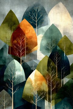 Abstract Forest: Colorful Trees with Geometric Leaves in Modern Art - A Serene Wilderness of Autumn Hues in Digital Illustration