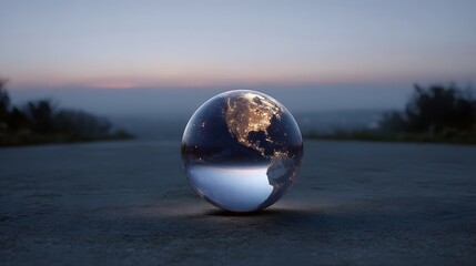 A luminous glass sphere representing Earth at dusk displays illuminated cities and a radiant blue reflection against a misty twilight horizon