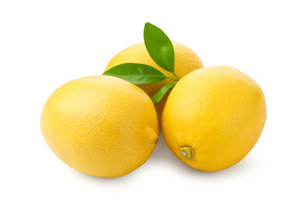 Many whole ripe lemons and leaves isolated on white