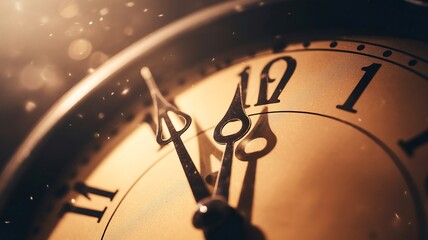 Macro close up of vintage clock face with hands pointing to 11 and 12 with bokeh lights time retro