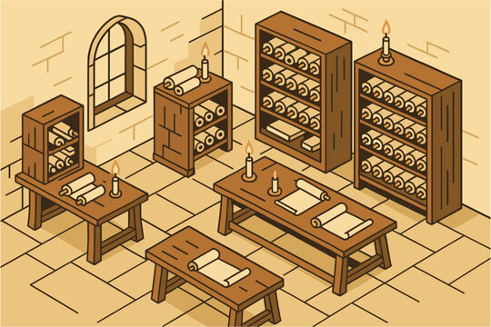 Ancient library with scrolls and candles in isometric style