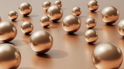 Numerous metallic bronze spheres scattered on a smooth matte bronze surface ball copper