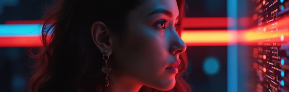 Young woman observes glowing digital interface with data streams. Futuristic lights illuminate her face, showing engagement with advanced tech. She looks focused on AI information. - Powered by Adobe
