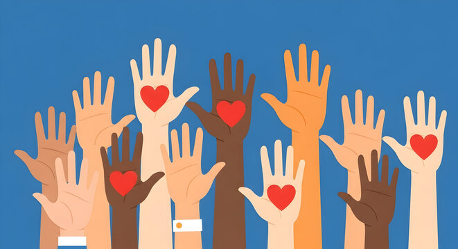 Many hands of different skin colors raised up with red hearts, love and charity concept