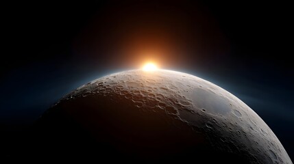 A luminous sunrise crests the cratered horizon of the moon casting a warm glow across the desolate lunar surface in deep space