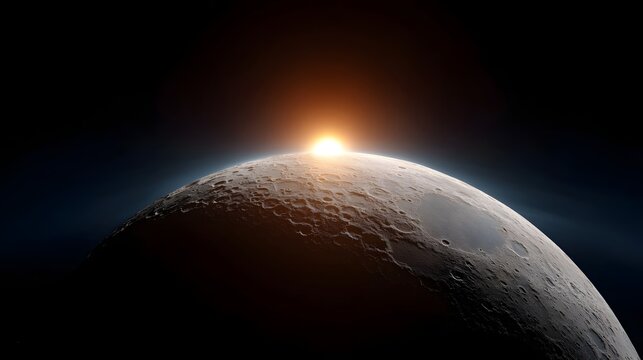 A luminous sunrise crests the cratered horizon of the moon casting a warm glow across the desolate lunar surface in deep space