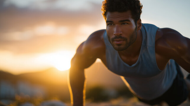 Strong athlete in mid-pushup position during golden sunset, glowing sunlight behind outlining his silhouette, mountain backdrop and calm open air enhancing natural strength