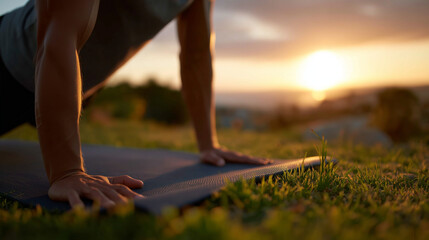 Man exercising in nature, hands gripping yoga mat in pushup pose, radiant sunset lighting and long shadows across open meadow symbolizing resilience and focus