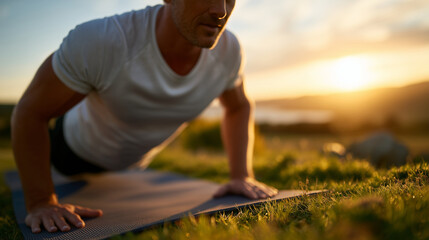 Man exercising in nature, hands gripping yoga mat in pushup pose, radiant sunset lighting and long shadows across open meadow symbolizing resilience and focus