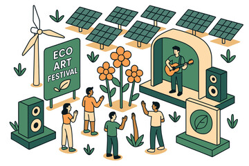 Eco art festival: isometric design of sustainable energy and music celebration