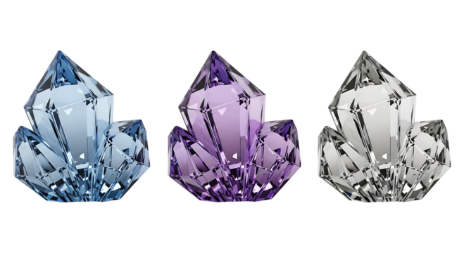 Three faceted crystal clusters in blue, purple, and clear, isolated on transparent background