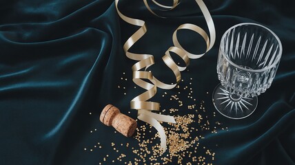 Top view flatlay gold confetti ribbon champagne glass cork on dark green satin celebration party