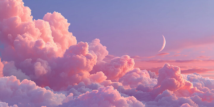 Dreamy pink clouds with a crescent moon, offering a whimsical and soft ambiance at twilight.