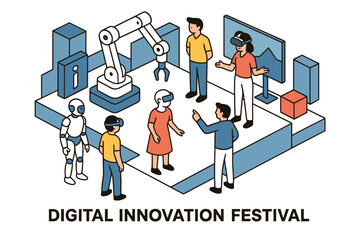 Interactive technology experience featuring robots and virtual reality at digital innovation festival