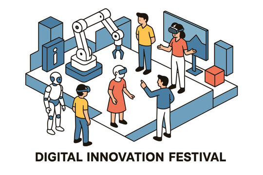 Interactive technology experience featuring robots and virtual reality at digital innovation festival - Powered by Adobe
