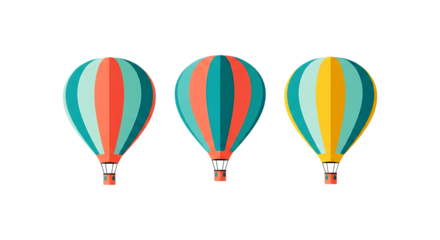 Three colorful hot air balloons with striped patterns, isolated on transparent background