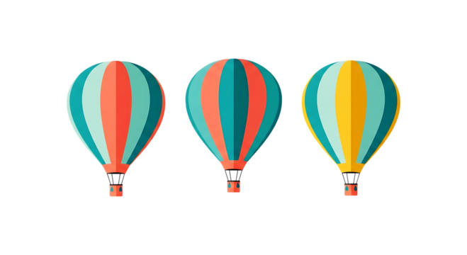 Three colorful hot air balloons with striped patterns, isolated on transparent background