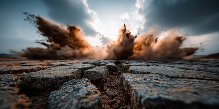 Powerful ground explosion captured mid-blast with dust, debris, and cracked stones flying outward beneath dramatic stormy clouds and cinematic lighting.
