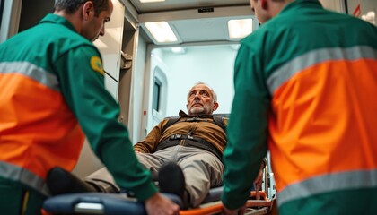 Paramedics in green and orange uniforms carry male patient on stretcher into ambulance. This scene shows urgency and professionalism of emergency medical services in action, helping someone in need.