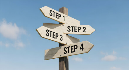Directional wooden signpost with steps 1, 2, 3, and 4 against a clear blue sky background