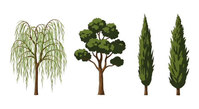 Collection of four distinct trees, including a weeping willow, a broadleaf tree, and two cypress trees, isolated on transparent background