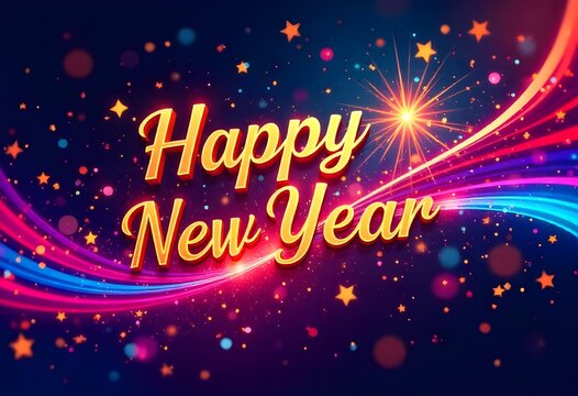 Glowing gold script "Happy New Year" with a starburst effect and dynamic neon pink and blue light trails.