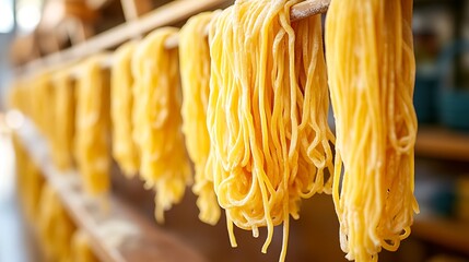 Freshly made pasta drying on rack.