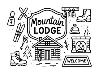 Fototapeta premium Mountain lodge design with linear icons of ski equipment, boots, and cozy fireplace elements