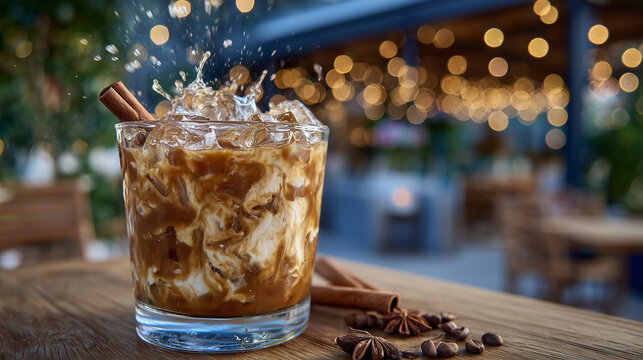 Aesthetic autumn drink in motion, creamy pumpkin latte splashing into ice-filled glass, cinnamon stick detail, warm wood tones and bokeh lights in cafÃ© setting
