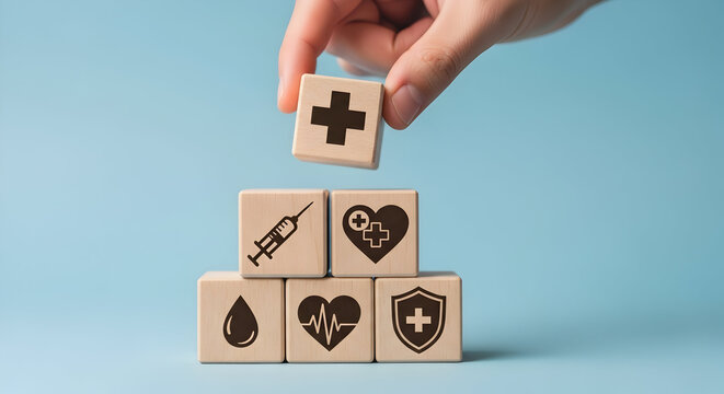 Hand placing wooden block with plus sign on top of stack of health icons on blue background