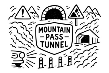 Fototapeta premium Monochrome mountain pass tunnel with warning signs and symbols