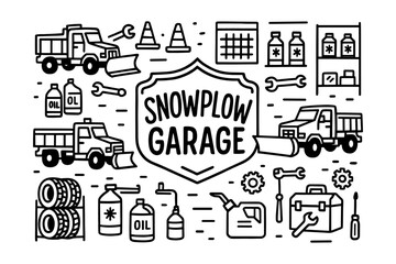 Fototapeta premium Snowplow garage equipment layout with linear style icons