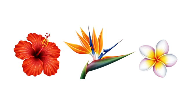 Three tropical flowers, a red hibiscus, a bird of paradise, and a white plumeria, isolated on transparent background - Powered by Adobe