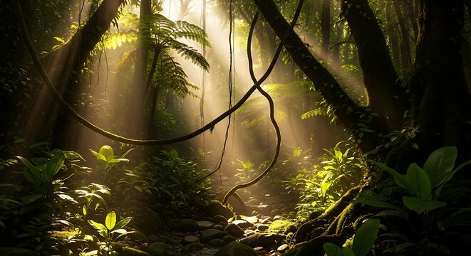 Sunlight filtering through dense jungle canopy illuminating lush tropical foliage and vines.