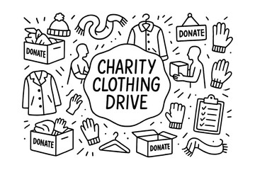 Charity clothing drive concept with doodled elements for donation events and community support