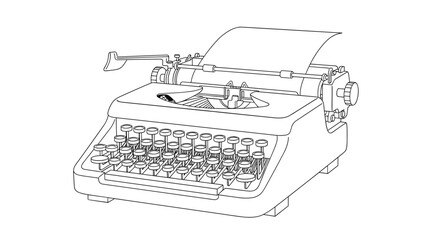 Detailed line art illustration of a vintage manual typewriter with paper, representing classic writing and communication.