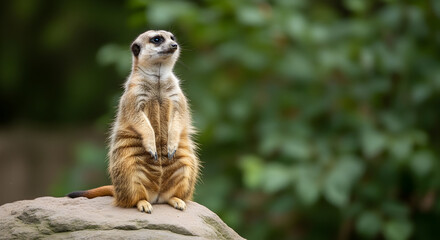 Meerkat standing on a rock looking up with green foliage in the background