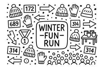 Fototapeta premium Winter fun run event in doodle style with hats, gloves, and numbers