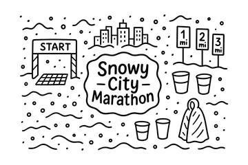 Naklejka premium Snowy city marathon outline design with start and route markers