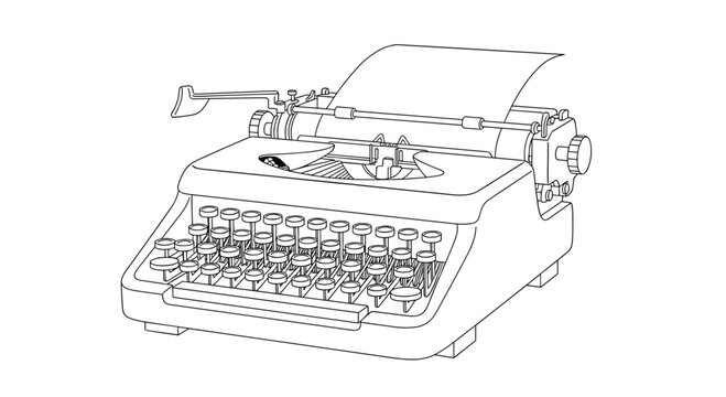Detailed line art illustration of a vintage manual typewriter with paper, representing classic writing and communication.