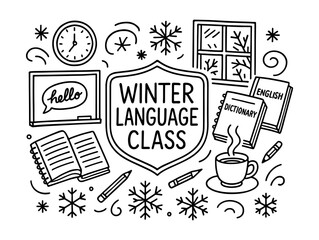 Winter language class design with hand drawn icons featuring books and snowflakes